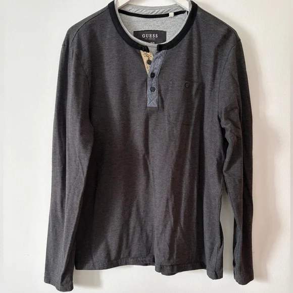 GUESS Charcoal Long Sleeve Henley Shirt - Picture 1 of 9